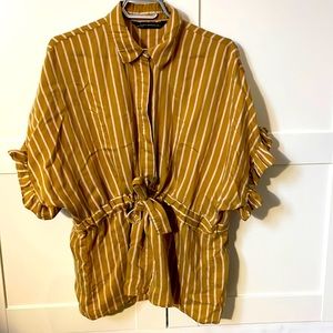Zara striped button down, oversized, with tie cinch waist mustard